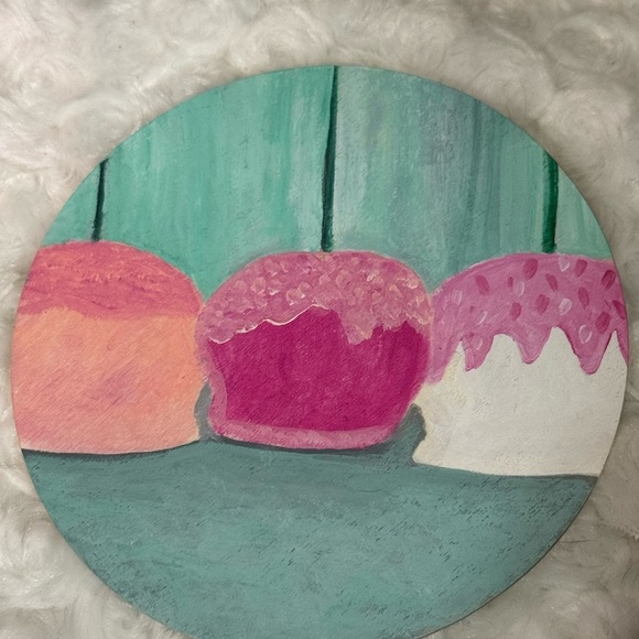 Candy Apples Acrylic Painting on Wooden Coaster Original by Artist Lise Marie - Picture 1 of 2